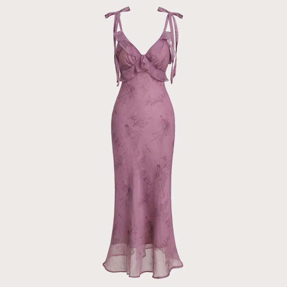 Rihoas Purple Floral Ruffle Tie Strap Midi Dress